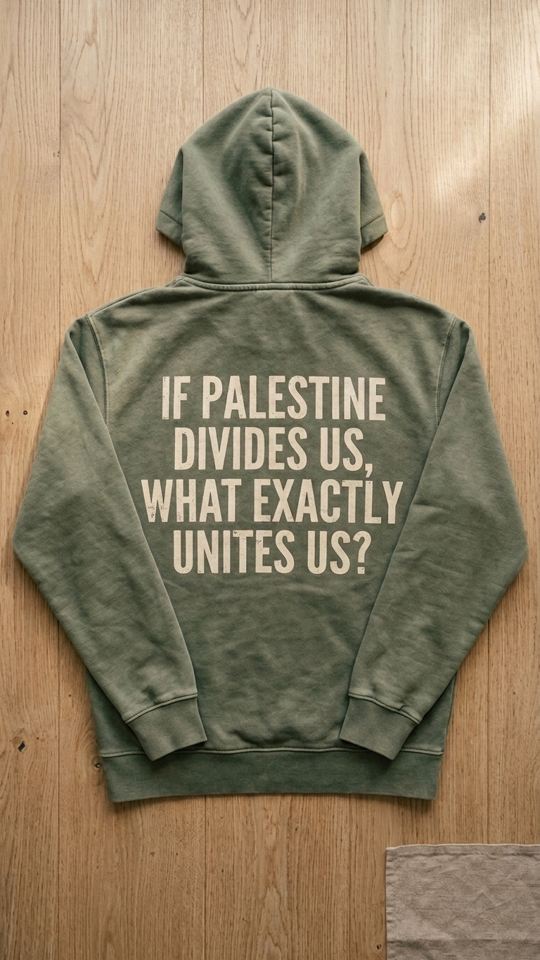 Back print of the Resistance hoodie reading: If Palestine divides us, what exactly unites us?