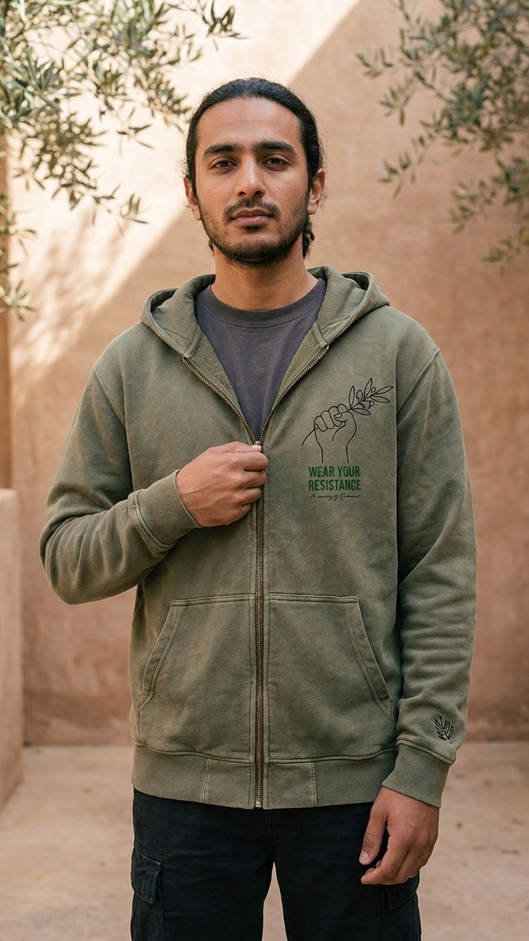 Model wearing the dusty-green Wear Your Resistance zip hoodie, fist-and-olive-branch mark on the chest