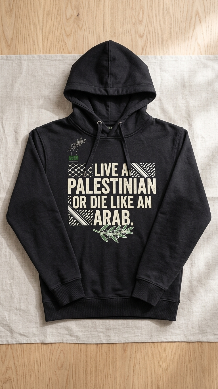 Flat-lay of the black Wear Your Solidarity hoodie on a linen and wood surface