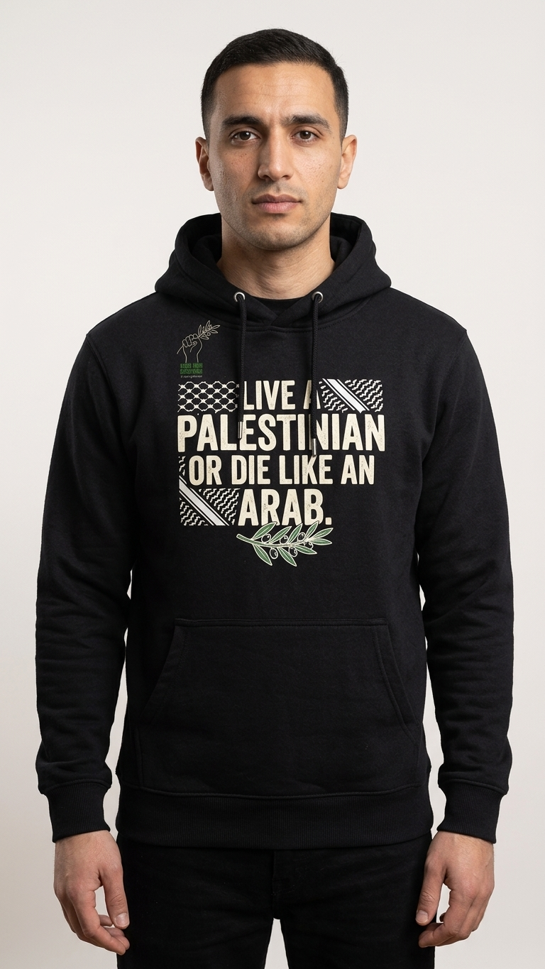 Front print of the black Wear Your Solidarity hoodie, keffiyeh-patterned block text and an olive branch
