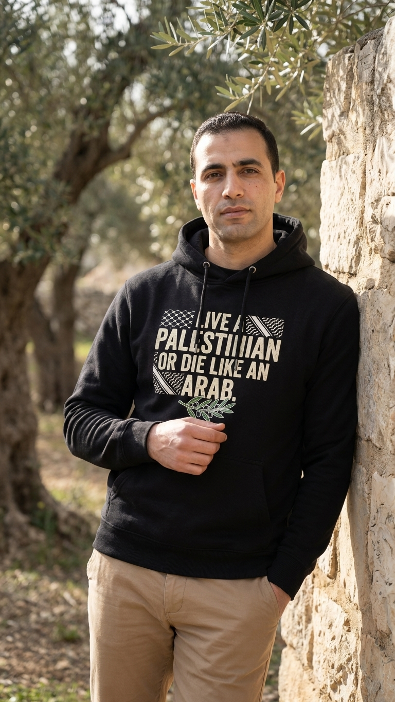Model wearing the black Wear Your Solidarity hoodie in an olive grove, holding an olive sprig