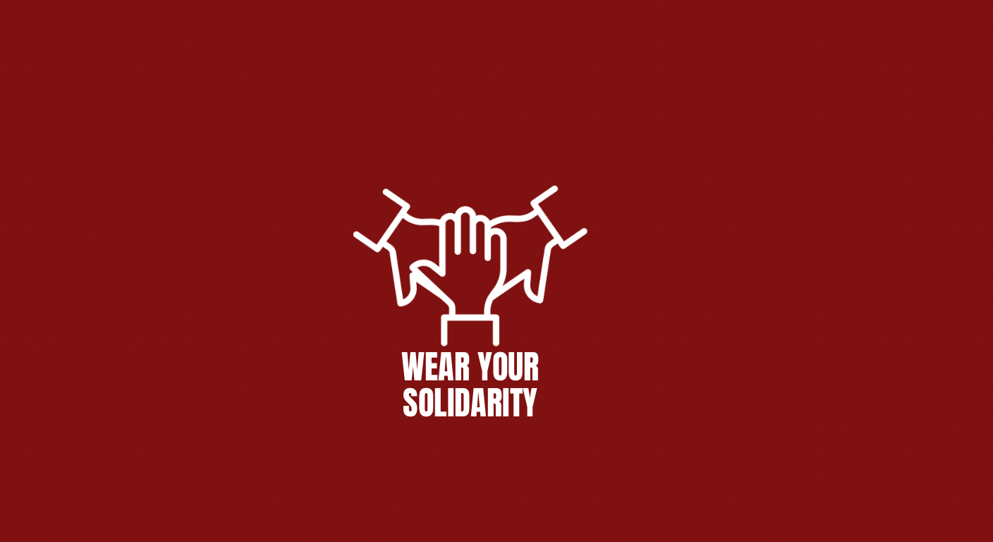 Wear Your Solidarity — clasped hands on a deep red background